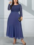Elegant Plus Size Lace Sleeve Chiffon Dress - Crew Neck Fit And Flare Style With Contrast Lace Detail 100% Polyester Slight Stre