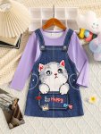 Little Girls 3D Cat Imitation Denim Suspender Graphic Round Neck Long Sleeve Dress Spring fall Casual Dresses