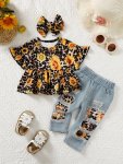 2PCS Baby's Trendy Sunflower Leopard Pattern Peplum Top + Patchwork Jeans Toddler & Infant Girl's Clothing Set