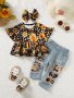 2pcs Baby's Trendy Sunflower Leopard Pattern Peplum Top + Patchwork Jeans Toddler & Infant Girl's Clothing Set
