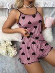 Heart Print Pajama Set Scoop Neck Cami Top & Lettuce Trim Shorts Women's Sleepwear & Loungewear