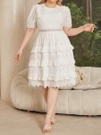 Plus Size Elegant Dress Women's Plus Eyelet Embroidered Puff Sleeve Ruffle Trim Midi Dress Wedding Graduation Engagement Occasio