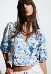 Linen-blend Blouse - White & Blue Floral