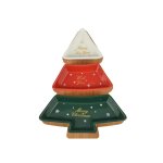 Serving Set 4PCS Bamboo Serving Tray In Xmas Tree Shape 27X20X4CM 3 Stoneware Bowls Per Set: White Red And Green