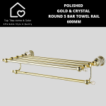 Polished Gold & Crystal Round 5 Bar Towel Rail - 600MM