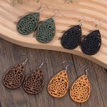 4 Pairs Set Pretty Craved Hollow Leaf Shaped Dangle Earrings Wooden Jewelry Bohemian Simple Style Unique Statement Female Ear De