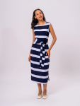 Navy And White Striped Midi Dress - L Assorted