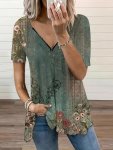 Floral Print Zip Front T-Shirt Casual Short Sleeve Top For Spring & Summer Women's Clothing