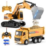 Mqdmini Remote Control Excavator And Dump Truck Toy Set - Rc Construction Vehicles Toy With Barricades Road Signs Simulated Rock