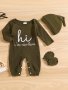 Infant Casual Outfit - "hi I'm New Here" Long Sleeve Romper & Hat & Gloves Baby Boys And Girls Set Clothes