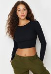 Pack Fitted Crew-neck Crop Corduroy Knitted Stretch Blouse - Black And White