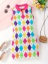 Girls Stylish & Creative Allover Geometric Pattern Lapel Collar Sleeveless Dress For Summer