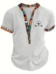 Men's Bull Skull And Ethnic Style Geometric Print Pure Cotton Short Sleeve V-neck Henley Shirt Classic And Trendy Top For Daily