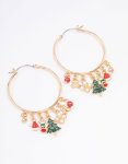Goldair Gold Bell & Santa Hat Charm Hoop Earrings