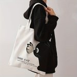 Black Cat Butterfly Printed Handbag Leisure Travel Beach Bag Large Capacity Reusable Shoulder Shopping Bag Leisure Shoulder Bag