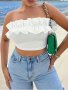 Ruffle Trim Off Shoulder Crop Top Elegant Strapless Slim Crop Tube Top For Spring & Summer Women's Clothing