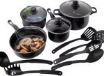 Generic Non-stick Iron Black Kitchen Cookware Set 13 Pieces Frying Pan 2 Casseroles Sauce Pan With 3 Lids Pan Set 6 L Capacity