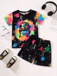 2PCS Girls Clothes Tie-dyed Portrait Graphic Short Sleeve T Shirt Top & Casual Shorts Set For Sports Yoga Leisure Vacation Outwe
