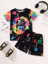 2PCS Girls Clothes Tie-dyed Portrait Graphic Short Sleeve T Shirt Top & Casual Shorts Set For Sports Yoga Leisure Vacation Outwear Kids Summer Outfit