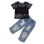 Ribbed Denim Pants With Black Crop And Sheer Star Top 6-7Y