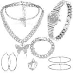Landical 8 Pcs Big Butterfly Cuban Jewelry Set Rhinestone Link Chain Necklaces Pendant Bracelet Diamond Watch Hoop Earrings Ring