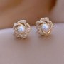 Exquisite Hollow Flower Design Stud Earrings Zinc Alloy Jewelry Embellished With Imitation Pearl Vintage Elegant Style Female Gift