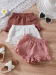 3PCS Baby's Comfy Cotton Muslin Ruffle Trim Shorts Casual Solid Color Elastic Waist Bottoms Infant & Toddler Girl's Clothing For