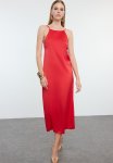 Bow Satin Evening Dress - Red