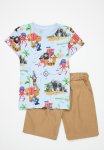 PoP Candy Printed Crew Neck & Short Set - Blue & Brown