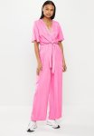Tie Front Wrap Long Pant Jumpsuit - Pink