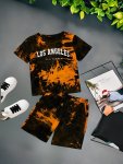 2PCS Boys Letter Print Tie Dye Versatile Short Sleeve T-Shirt & Shorts Set Cool Lightweight And Comfy Summer Clothes