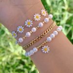 4PCS SET Delicate Daisy Flower Charm & Faux Pearl Chain Bracelet Alloy Hand Jewelry Gift