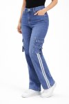 Ladies High Waist Denim Blue Cargo Stretch Jeans Stripe