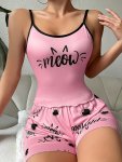 Women's Cat & Heart Print Frill Trim Cute Pajama Set Round Neck Backless Crop Cami Top & Shorts Comfortable Relaxed Fit Summer N