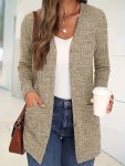 Women's Plus Size Casual Long Sleeve Open Front Knit Cardigan With Pockets - Polyester & Spandex Blend Notched Collar Slight Str