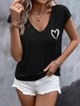 Heart Print V Neck Simple T-Shirt Casual Short Sleeve Top For Spring & Summer Women's Clothing