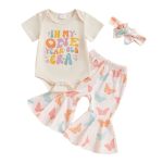 Lamuusaa Toddler Baby Girl Birthday Outfit One two Year Old Era Romper t-shirt Butterfly Flared Pants Headband Summer Outfit Bei