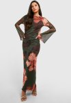 Hibiscus Mesh Scoop Back Maxi Dress - Khaki