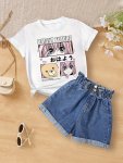 Bright Future & Anime Girl & Bear Graphic Print Tee Girls Casual & Trendy T-Shirt For Spring & Summer Girls Comfy Clothes For St