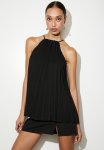 Chiffon Pleated Trapeze Halter Shell - Black