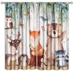 Fblifil Forest Animal Kids Curtains Wild Rustic Bear Fox Deer Butterfly Watercolor Woodland Children Cartoon Printed Rod Pocket