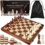 2 In 1 Wooden Chess And Checkers Set - Folding Magnetic Chess Board With Storage Slots Chess Pieces Portable Travel Chess Set For Adults & Kids Inc