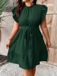 Plus Size Ruffle Hem Belted Dress Elegant Cap Sleeve Mock Neck Dress For Spring & Summer Women's Plus Sizeclothing