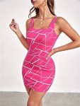 Abstract Print Tank Dress Bodycon Square Neck Sleeveless Dress Women's Clothing