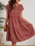 Floral Print Crew Neck Dress Vintage Short Sleeve Dress For Spring & Summer Women's Clothing