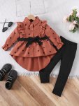 3PCS Heart Print Ruffle Trim Top + Solid Pants + Bow Belt Set Kids Clothes For Girls Spring Fall Gift