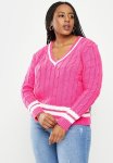 Plus Relaxed V-neck Knit Sweater - Pink
