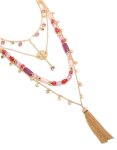 Goldair Gold Purple & Pink Beaded Tassel Layered Necklace