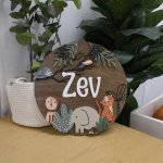 Wooden Name Board In Theme Dotty Drawing Wolf Hedgehog Safari Green Set