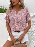 Plus Size Floral Print Notched Neck Blouse Elegant Short Sleeve Blouse For Spring & Summer Women's Plus Size Clothing